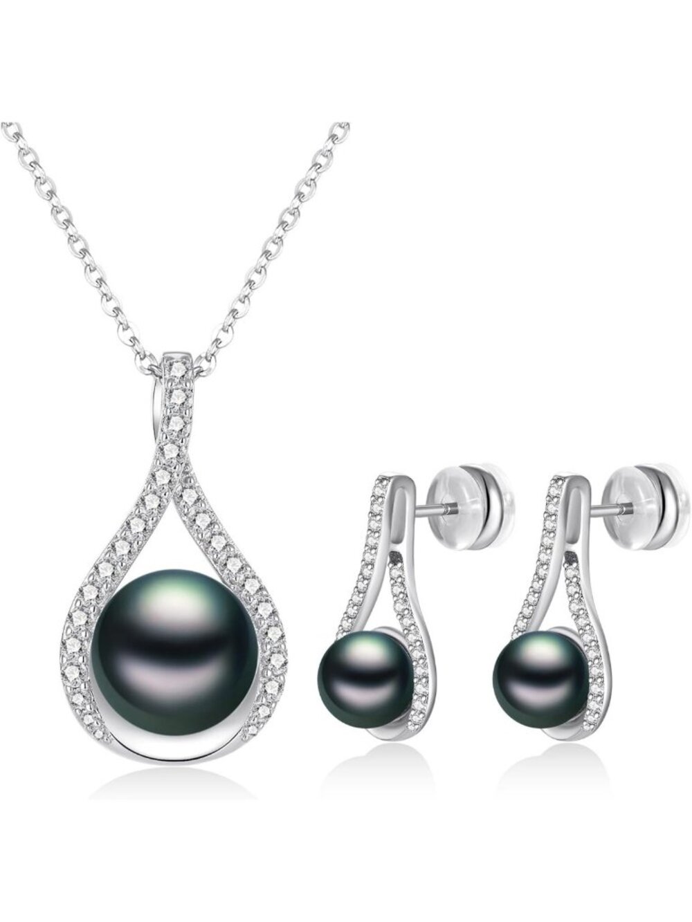 Elegant Black & White Pearl Necklace & Earring Set, 925 Sterling Silver Jewelry